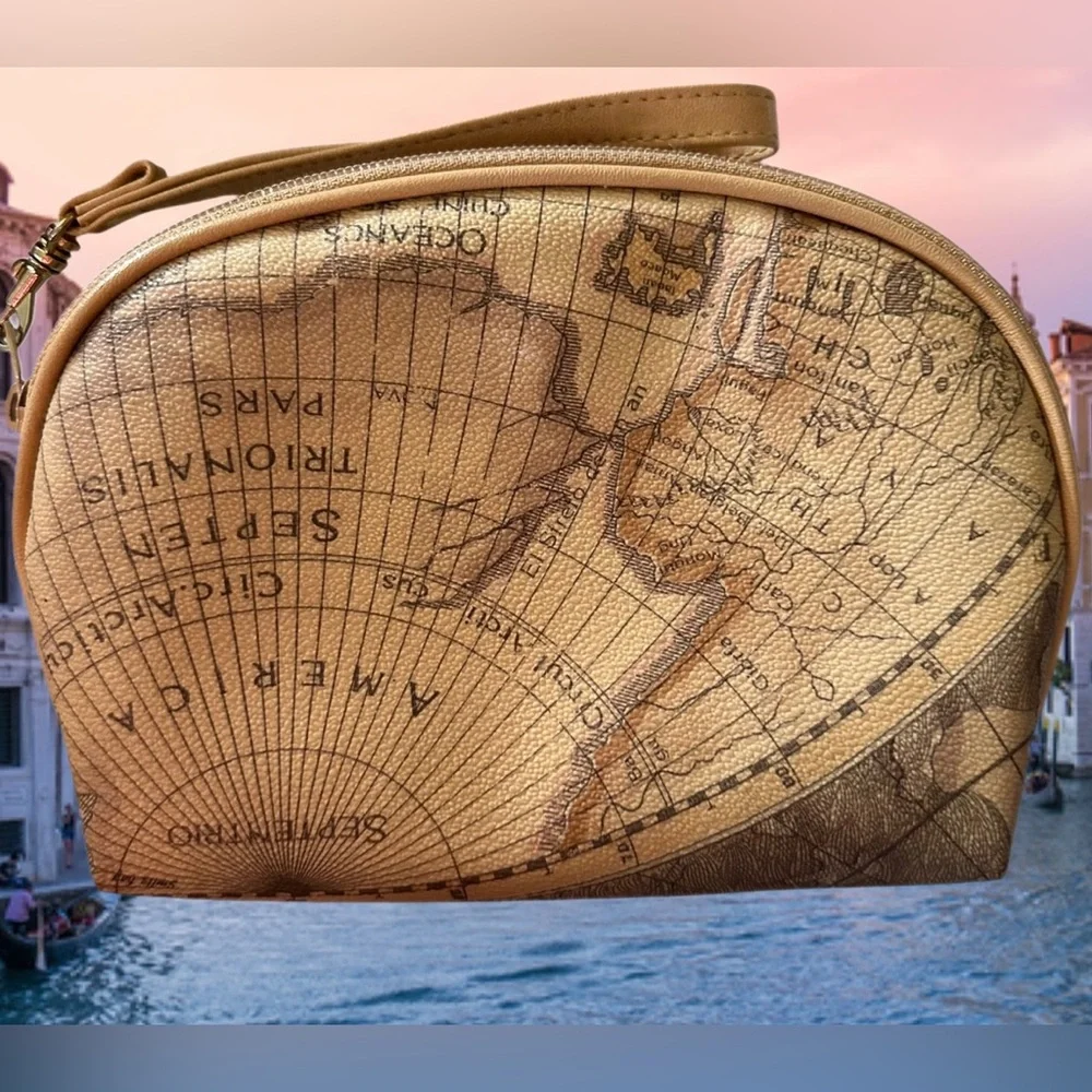 ELKA Vintage Set of 2 Map Print Travel Cosmetic Bags